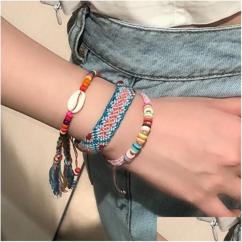 Pulsera tejida hecha a mano bohemia de alta calidad con cuentas Moda Color personalizado Señora Shell Arcilla suave Cuerda de mano Entrega de gota Dhqrj