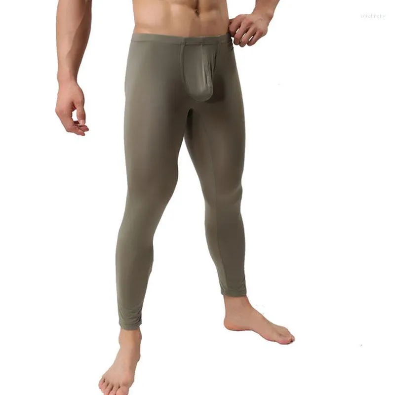 Pantaloni da uomo Leggings sexy da uomo Collant intimo in maglia di seta di ghiaccio ultrasottile per indumenti da notte lunghi Homem autunno inverno