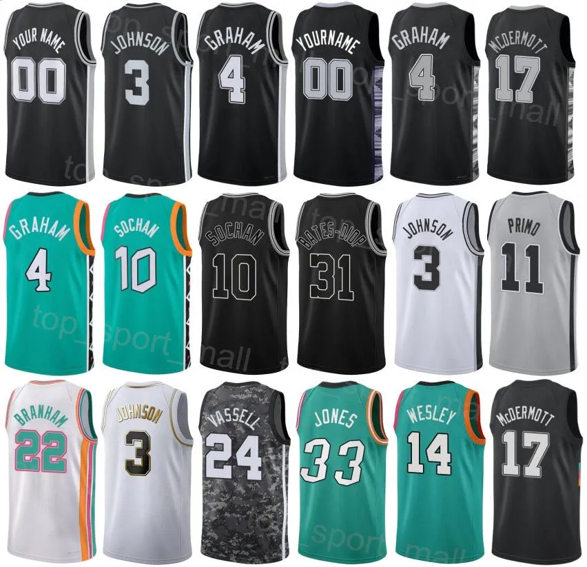 Screen Print City zarobione mężczyzn Młodzież koszykówki Keldon Johnson Jersey 3 Jakob Poeltl 25 Joshua Primo 11 Devin Vassell 24 Zach Collins 23 Tre Jones 33 Black White Green