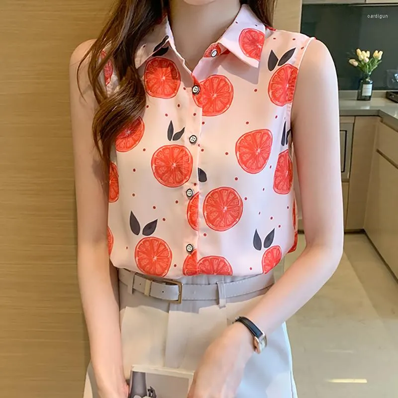 Women's Blouses Print Sleeveless Chiffon Turn-down Collar Beach Style Button Women Shirts 2023 Summer Tops Woman Clothes Chemisier Femme