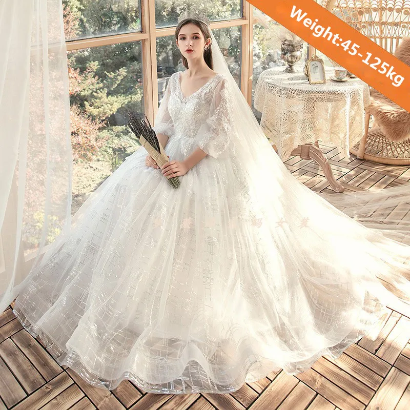 2023 Europa Trend Extra-Large Abito da sposa con maniche a palloncino 120 Kg Serie donna Sottile sensazione Sposa Coprire Abiti pancia incinta