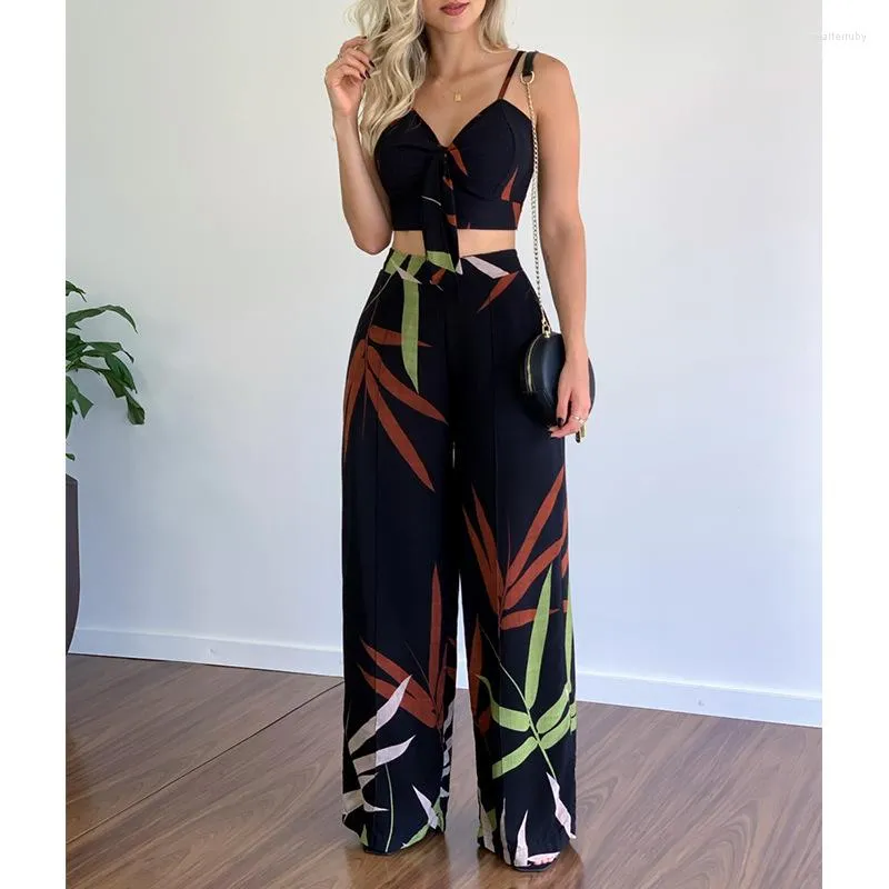 Women's Two Piece Pants Womens Sets Sexy Sleeveless Shirt Elgant Floral Print Wide Leg Y2k E-girl Streetwear Vintage Crop Top Backless