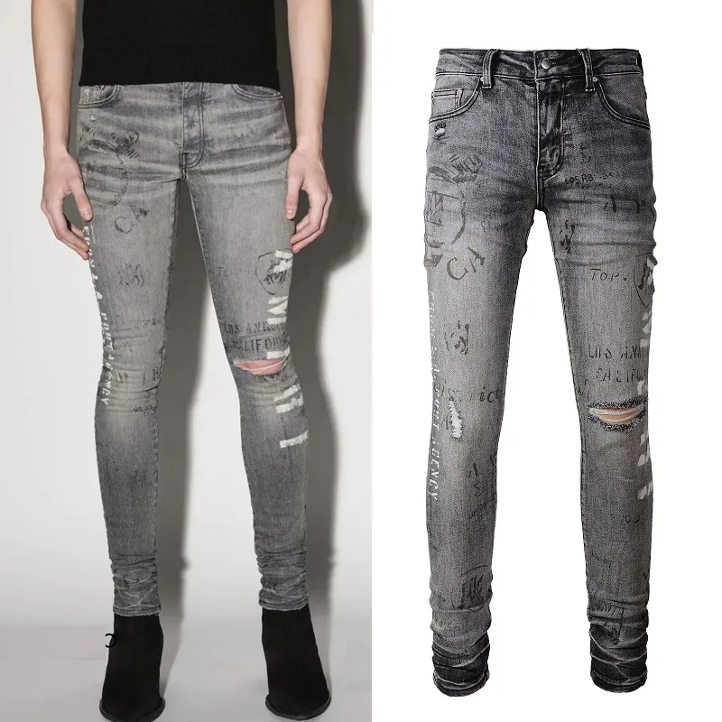 Мужские печатные серые джинсовые джинсы Slim Fit Zip Close Details