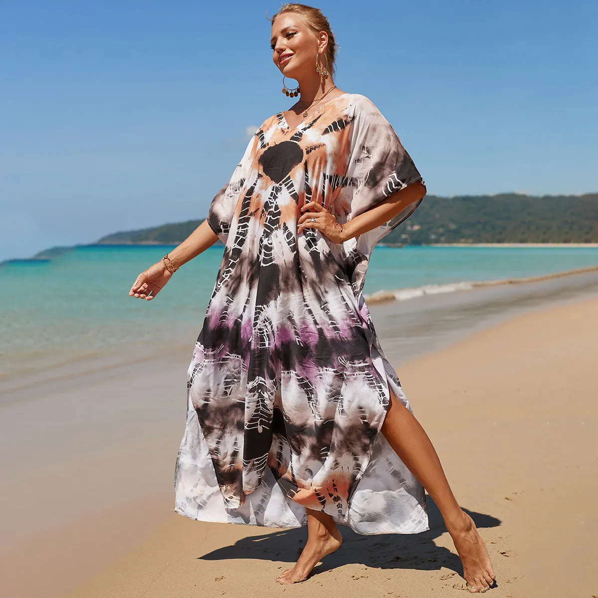 Tecido de algodão Lady Beach Smock Bikini Concobres de luxo Designer tie-dye Impressão de praia vestido de praia lxf2137 impressão de tie-dye vestidos de decote em V verão