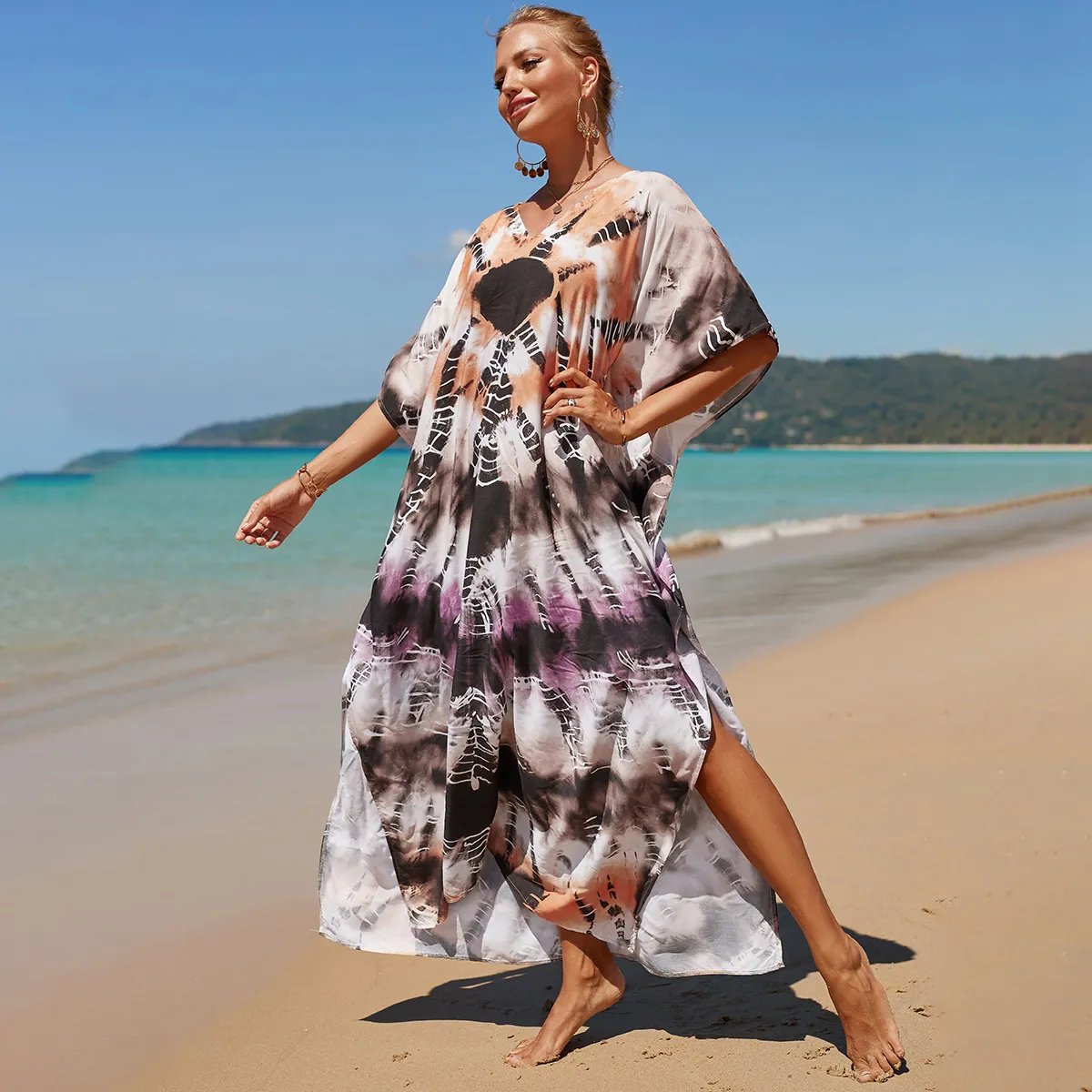 Cotton Fabric Lady Beach SMOCK BIKINI COVING-UPS Luxury Designer Tie-Dye Printing Beach Dress LXF2137 Tie-Dye Printing Summer V-Neck Dresses