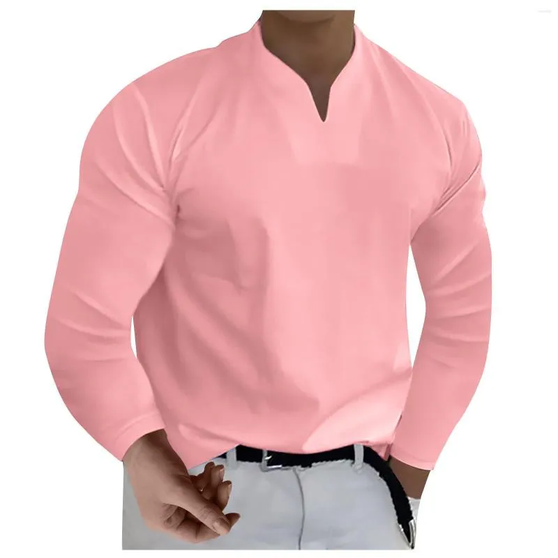 T-shirts pour hommes couleur unie col en V à manches longues hommes T-shirt coupe ajustée résistant au rétrécissement chemise de fond élégant respirant pull haut pour