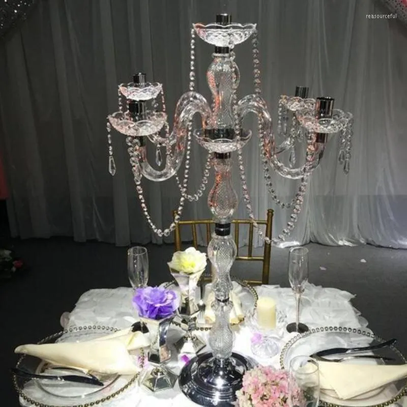 Decoración de fiesta, 10 Uds., 90CM de altura, candelabros de Metal acrílico de 5 brazos con colgantes de cristal, candelabro de boda, decoración de centro de mesa