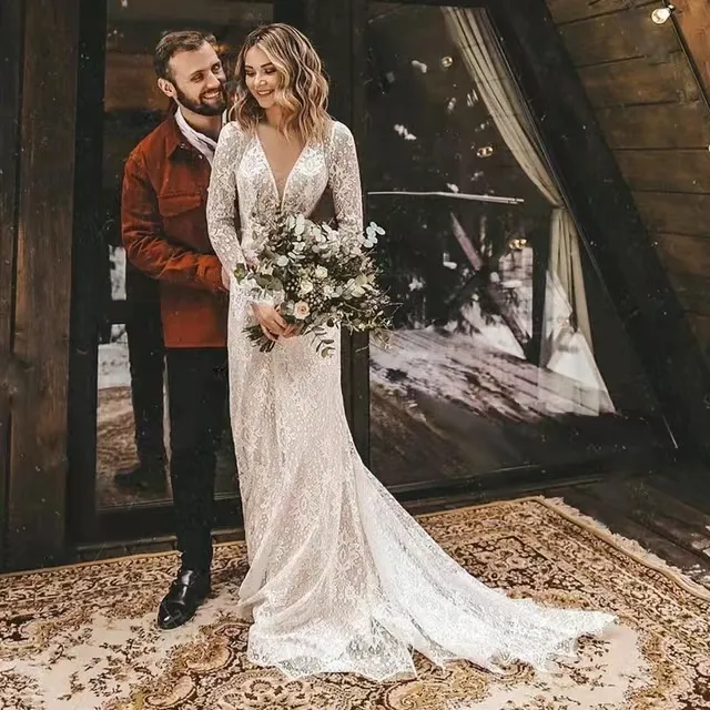 Custom-made Vintage Lace Boho Lace wedding dress with Long Sleeves, V-Neck, and Open Back - A-e Cut, Boho Style, Court Train, Rustic Bride Gown