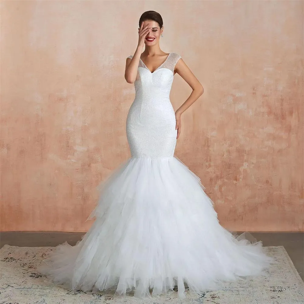 Nouvelle robe de mariée sirène grande queue robe principale de mariée taille dos ouvert col en V EN36363