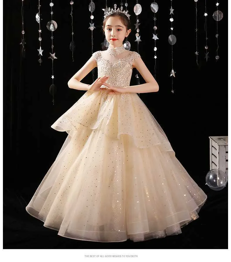 Robes de fille Champagne Tutu Fleur Robe Sequin Dentelle Enfants Fête De Mariage Anniversaire Robe Formelle pour Fille Princesse Première Communion Venez W0221