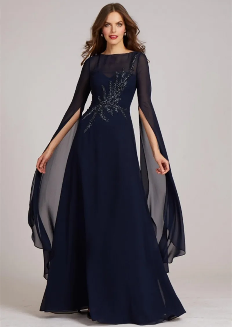 Casual Dresses A Line Chiffon Mother of the Bride with Beaded Modern Long Sleeves Evening Party Gowns Zipper Back Prom Vestidos 230221