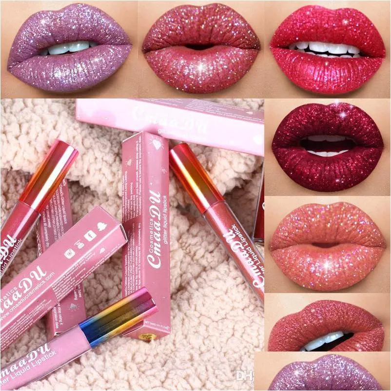 Lip gloss cmaadu glitter flip fluweel matte tint 6 kleuren waterdichte langdurige diamant flash glans vloeibare lippenstift druppel afgifte dh9cj