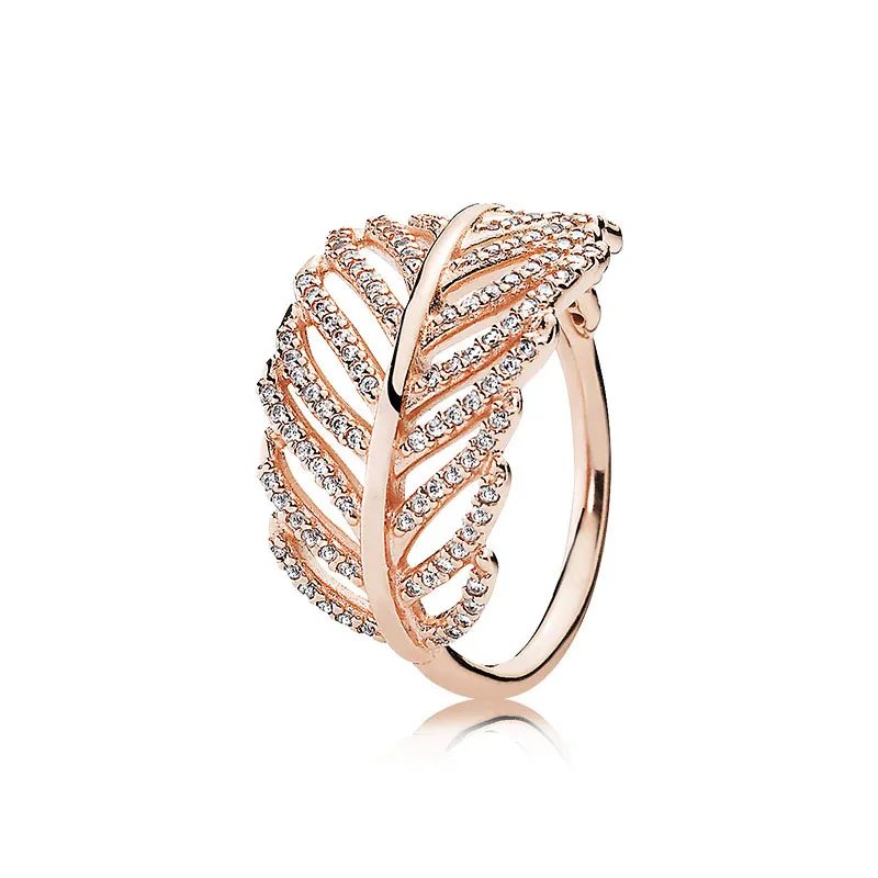 Rose Gold Feather Sparkling Ring for Pandora Real Sterling Silver Wedding designer Jewelry For Women Girlfriend Gift CZ Diamond luxury Rings with Original Box Set