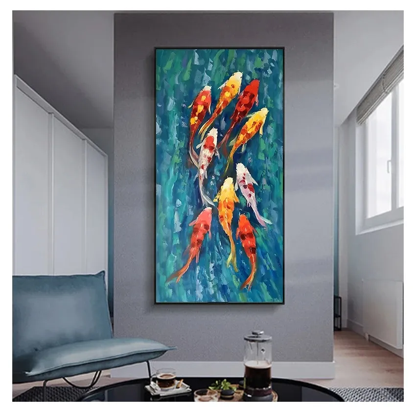 要約9つのKoi Fish Landscape Oil Painting on Canvasポスターリビングルームモダンな装飾壁アート写真