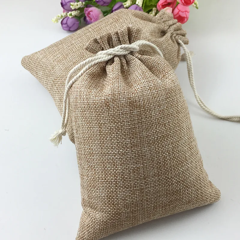 Gift Wrap 50pcs Vintage Natural Burlap Hessia Gift Candy Bags Wedding Party Favor Pouch Birthday Supplies Drawstrings Jute Gift Bags 230221
