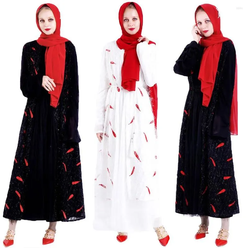 Abbigliamento etnico Dubai Donna Abaya Kimono Piuma Ricamo Abito a maniche lunghe Cardigan aperto musulmano Abito turco Abito da festa Jilbab Islam