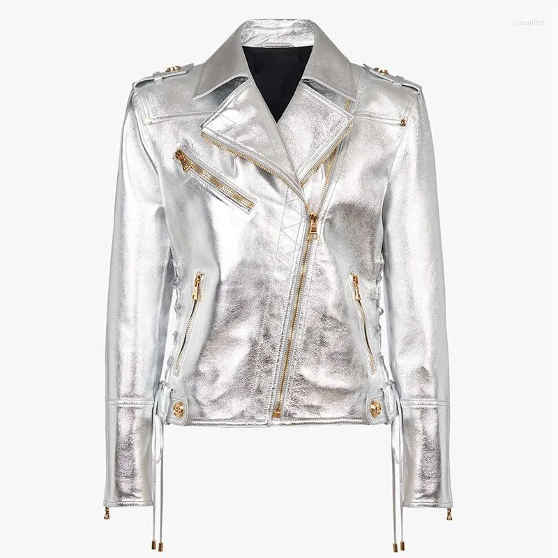 Women's Leather HIGH QUALITY Est 2023 Designer Fashion Women's Lacing Up Metallic Silver Synthetic Motorcycle Biker Jacket