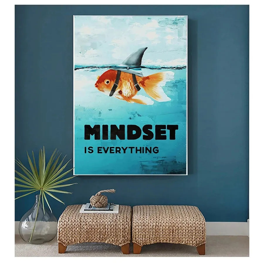 Home Decor La mentalità è tutto Dipinti di pesce squalo Poster motivazionale nordico per soggiorno Wall Art Canvas Painting Stampato Woo