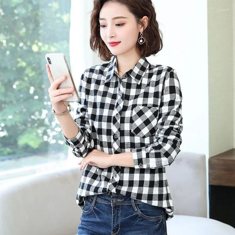 Women's Blouses Women Excellent Quality Red Plaid Shirts Black White Classic Casual Long Sleeve Shirt Tops Lady Clothes 5XL