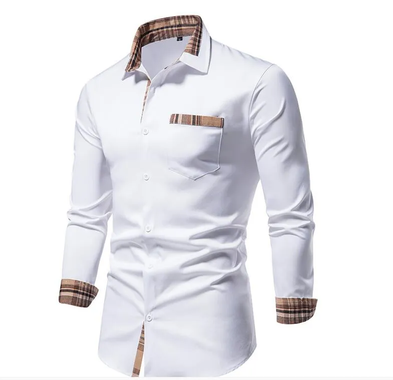 Burbrerys Plaid Patchwork chemises formelles pour hommes mince à manches longues col rabattu blanc boutonné chemise robe bureau d'affaires Cami296Y