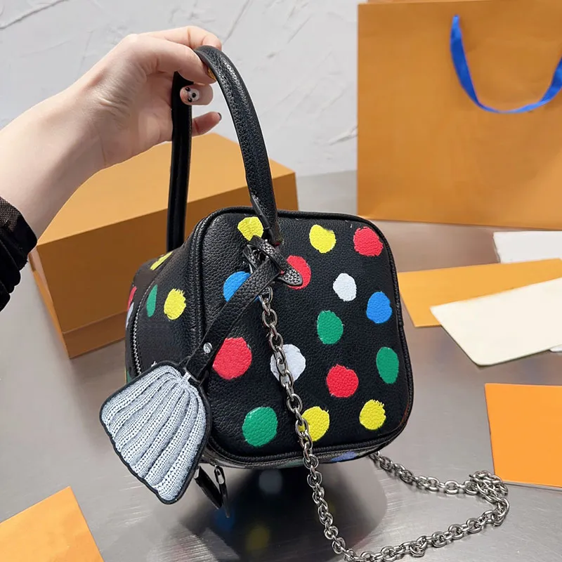 Large Capacity Genuine Leather Dice Crystal Chain Crossbody Handbag