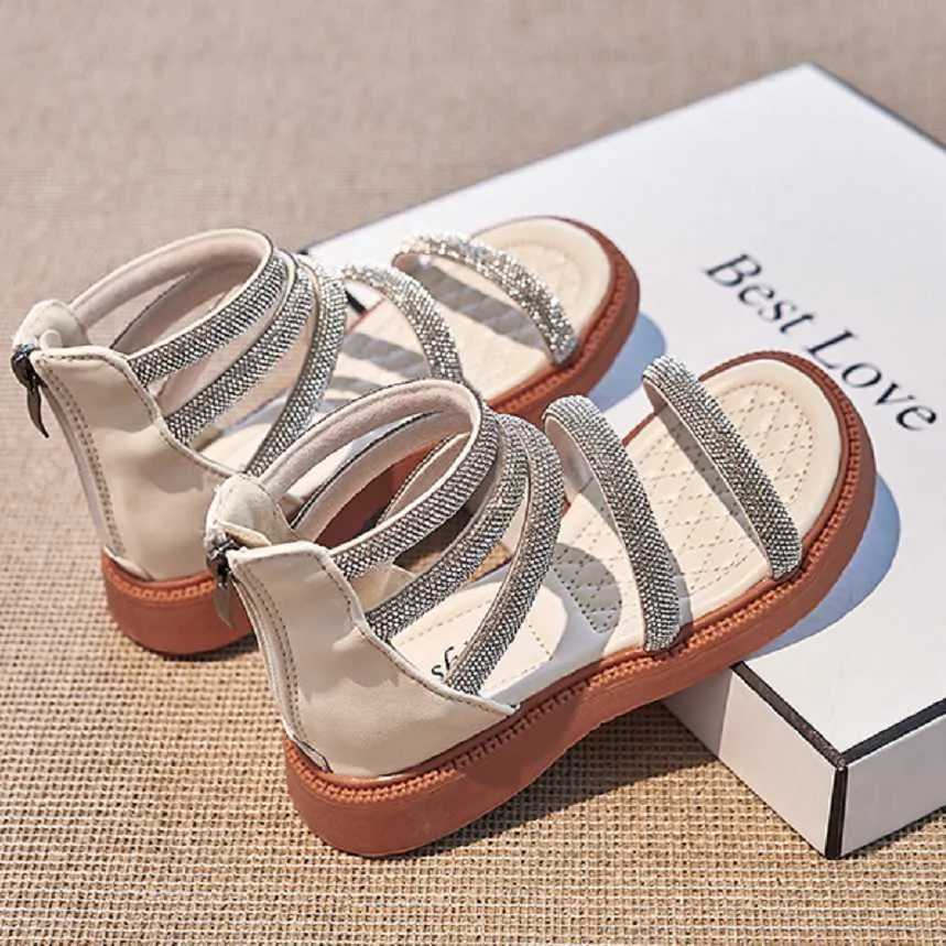 Sandalen zomer schattige meisjes mode sandalen strass Romeinse prinses sandalen anti-sliperry ademende zacht lederen strandschoen R230220
