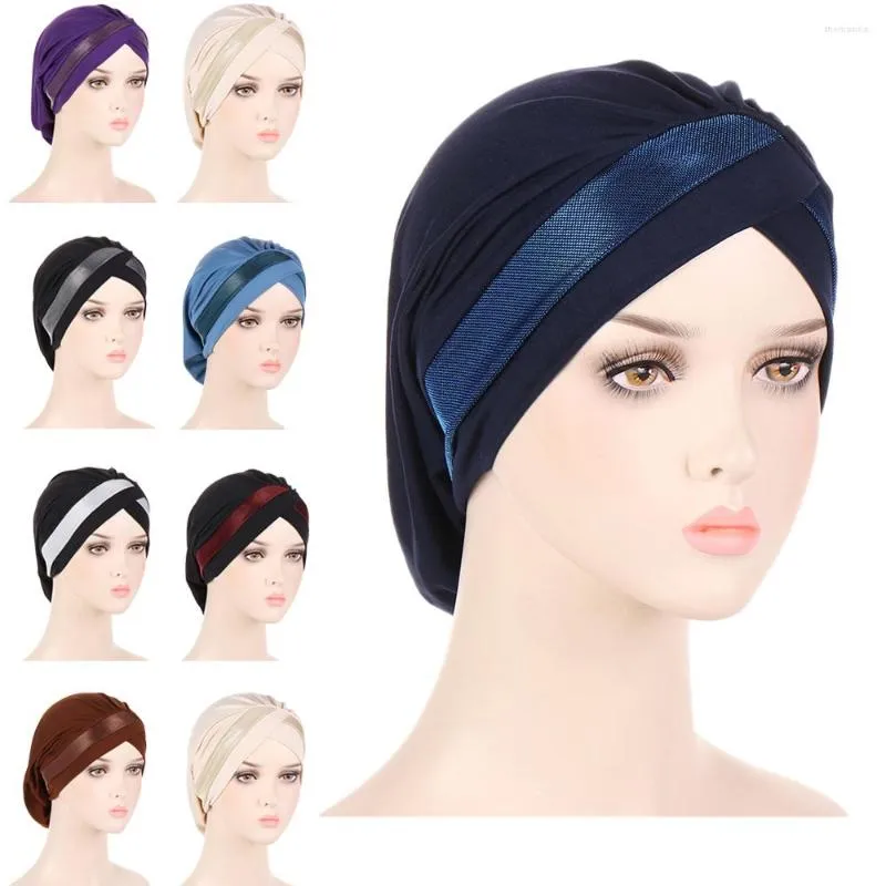 Ropa étnica 2023 Mujeres Glitter Frente Cruz Underscarf Bonnet Elástico Musulmán Interior Hijab Cap Femenino Islámico Bajo Turbante Sombrero