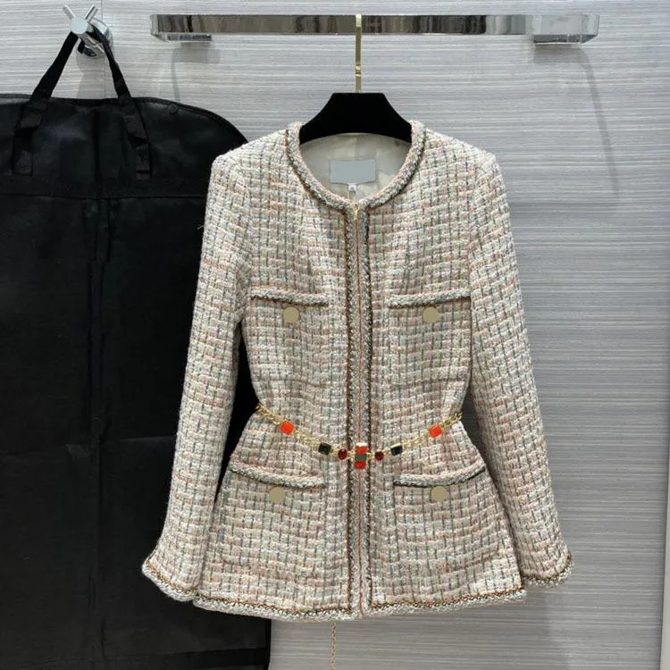 Kurtki damskie Wysokiej klasy kurtka Tweed For Women Spring Fall O Neck długie rękaw Sym Szczupły Jacquard Four Pocket Kolorowe tkaninowe odzież wierzchołka