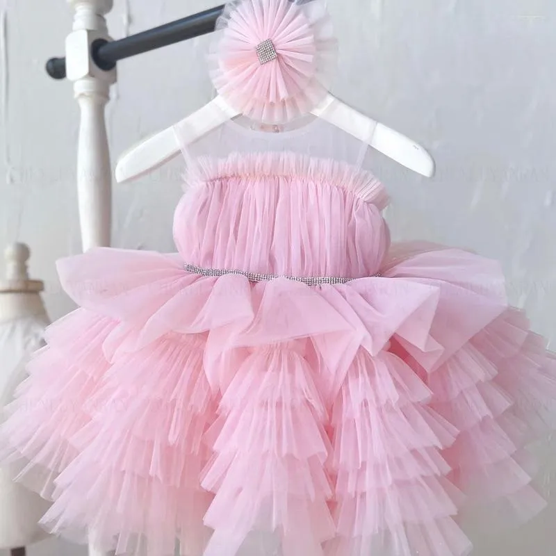 Abiti da ragazza Pink Puffy Flower Girls 2023 O-Neck Tiered Kids Wedding Party Dress Luxury A-Line Tulle Abiti da principessa carini