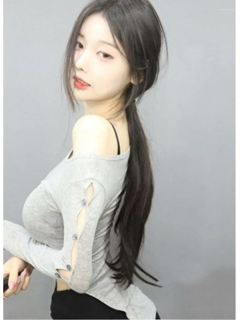 Kvinnors T-skjortor Womengaga Korea Mesh Thin Summer Tees Sexig Off Axla Hollow Sleeve Tight Slim Split Long T-shirt Top Female 052w