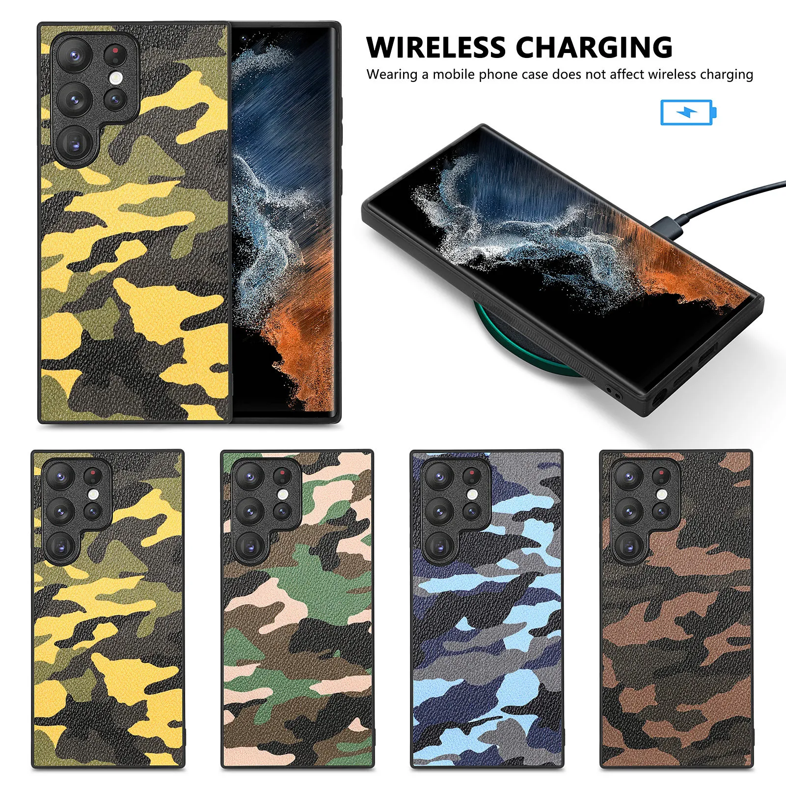 ￉tuis de t￩l￩phone ￠ l'￩preuve des chocs pour Samsung Galaxy S23 S22 S21 S20 Ultra Plus Camouflage Pattern PU Le cuir protecteur