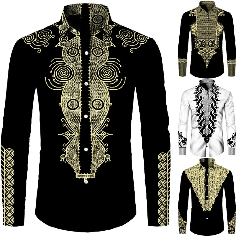 Camisas Casuais Masculinas Africano Dashiki Impressão Masculina Turn-down Collar Botão Camisas Casual Curta / Manga Longa Tops Hip Hop Estilo Étnico Streetwear Roupas 230220