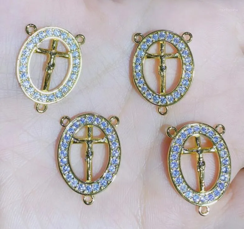 Chains 1pcs Three Holes Oval Cross Virgin Mary Jesus Charm For Bracelet Gold Plated Copper CZ Jewelry Necklace Making Accessories