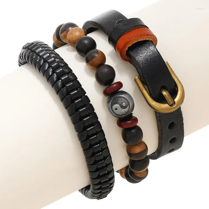 Charm Bracelets Tai Chi Yin Yang Fashion Vintage Bracelet Set Black Genuine Leather Braid Beads Chain Wristbands Bangle Wrap Retro Jewelry