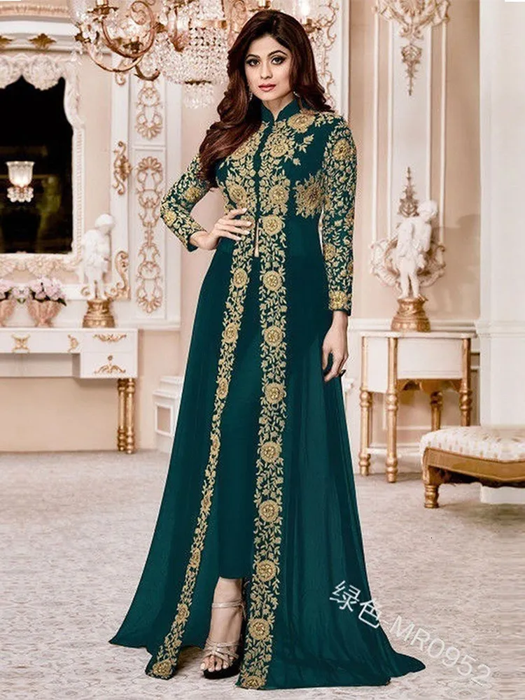 Ethnic Clothing Elegant Stand Collar Women Dress Muslim Abaya 2 Piece Set Floral Full Sleeve Big Swing A-Line Party Maxi Vestidos Long Dresses 230221