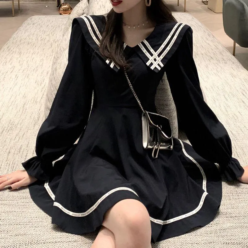 Casual Dresses Preppy Style Dress Women Sailor Collar Autumn Fashion Brand Korean A-line Mini-dresses Long Sleeve Vestidos Sweet Black