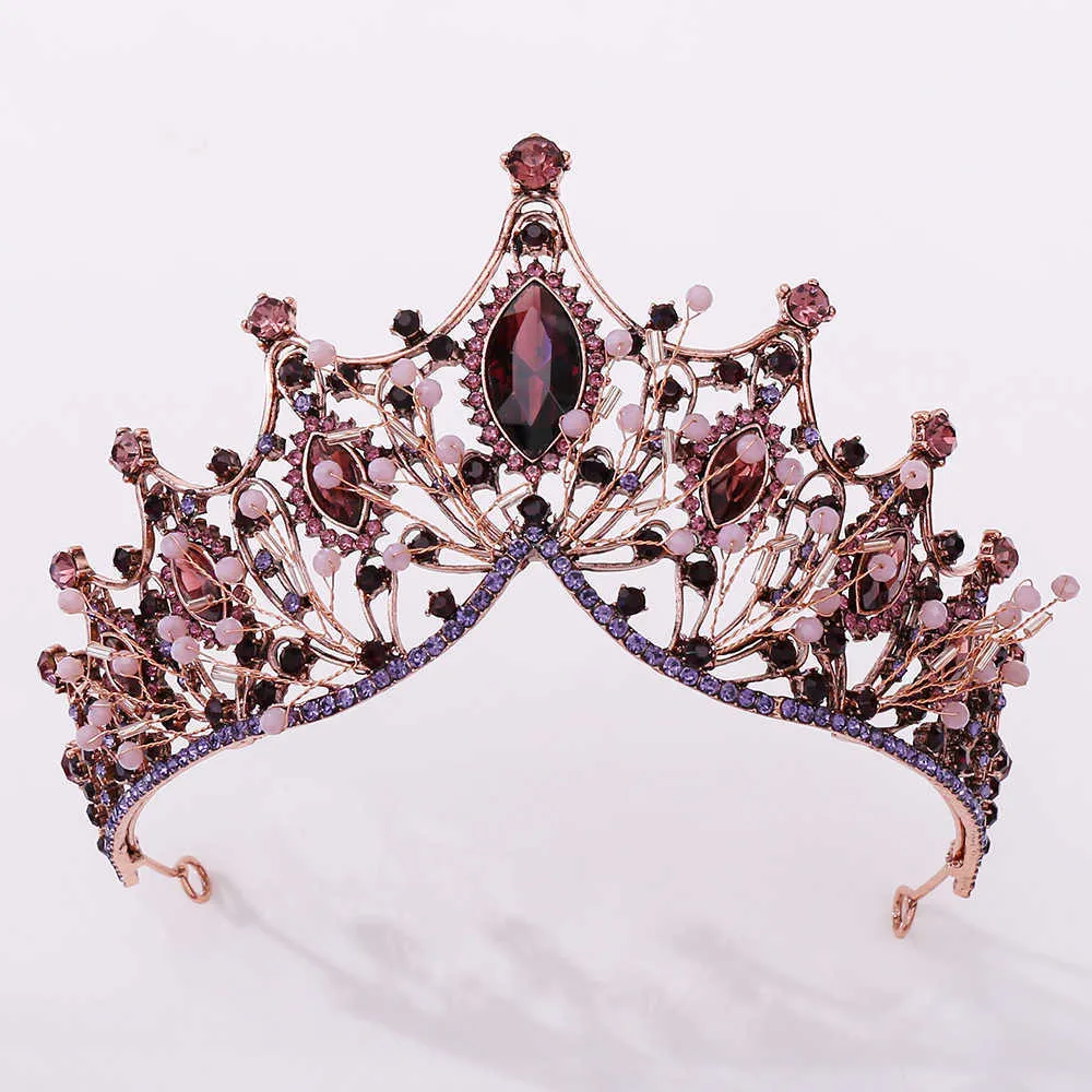 Tiaras Baroque 빈티지 보라색 크리스탈 비드 신부 Tiaras 크라운 신부 헤어 밴드 검은 모조 다이아몬드 대회 대회 대회 웨딩 헤어 액세서리 Z0220