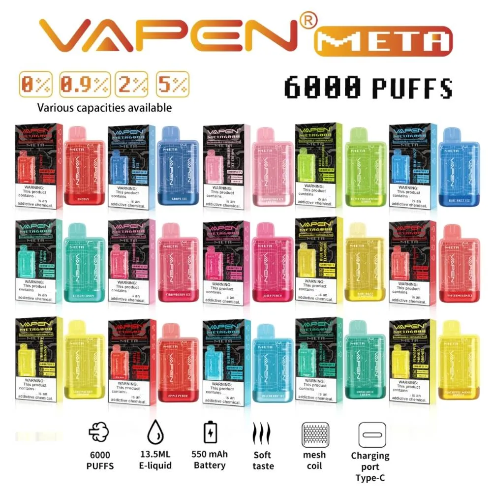 vapen meta 6000puffs 0% 2% 5% 메쉬 코일 e 담배 키트 키트 일회용 vape 펜 13.5ml e- 액체 550mah 배터리 E 담배 사전 채워진 엘프 TE 5000 기화기 바 키트