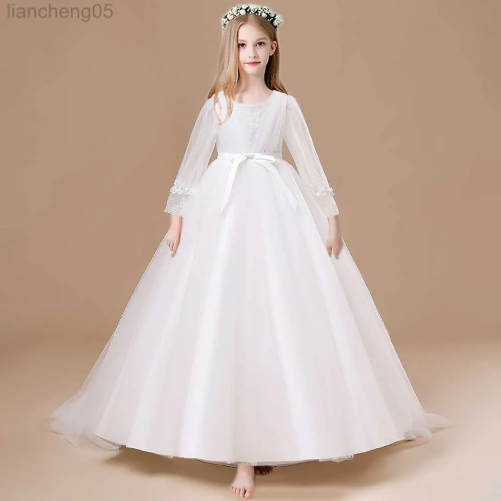 Flickans klänningar 2023 Pageant White Lace Bridesmaid Princess Dress Come Kid Party Flower Dresses For Girl First Communion Wedding Gown Vestido W0221