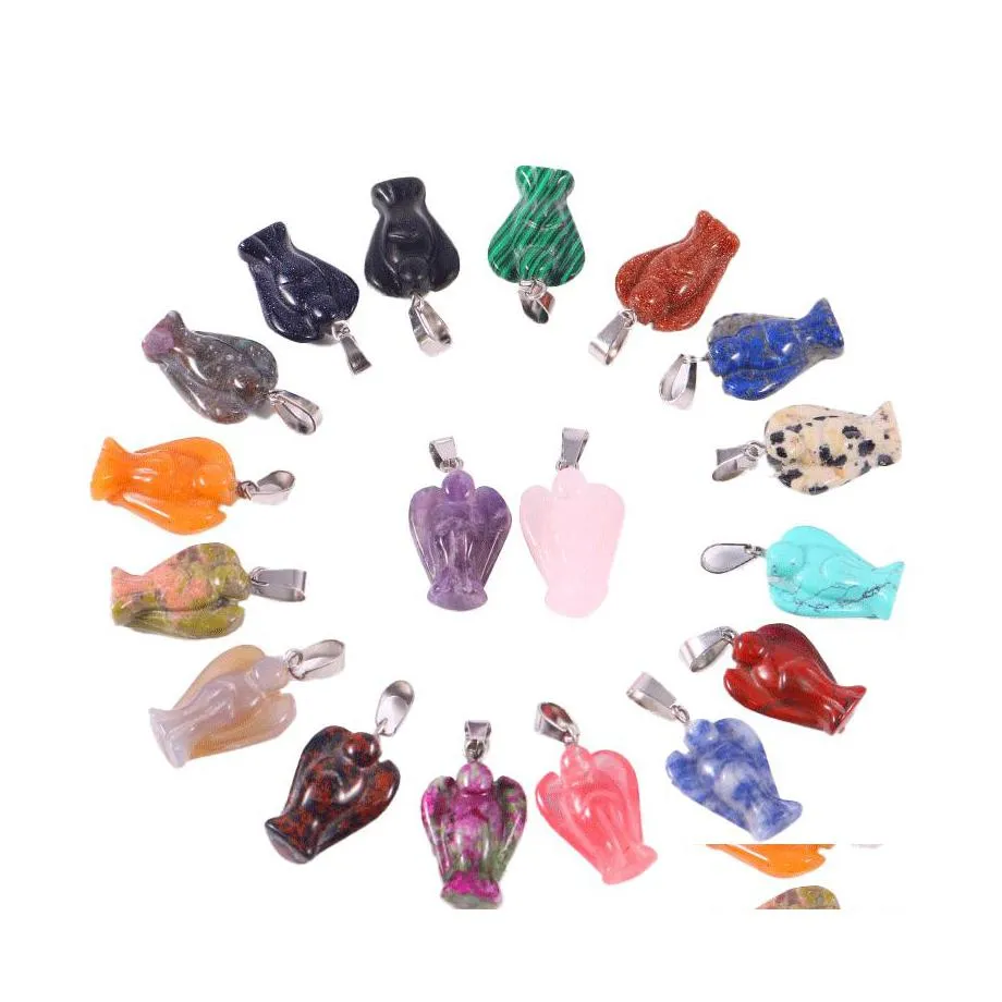 Charms Natural Crystal Opal Rose Quartz Tigers Eye Stone Angel Shape Pendant For DIY Earrings Halsband smycken Makin Mjfashion Drop Dhabm