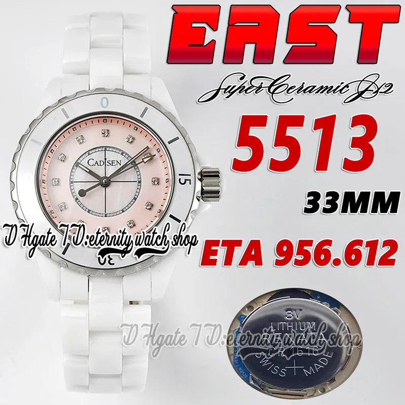 East BV5513 33mm 여자 시계 ETA A956.612 쿼츠 운동 슈퍼 세라믹 케이스 핑크 어머니-퓨어 다이얼 다이얼 세라믹 팔찌 2023 슈퍼 영원한 여자 패션 시계