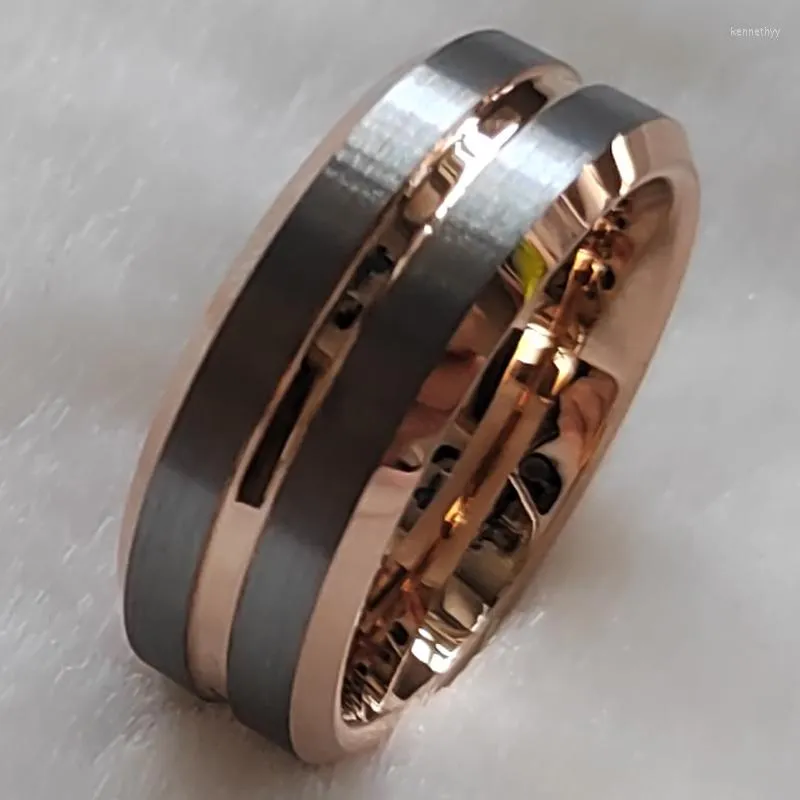 Küme halkaları 8mm Erkekler/Kadınlar Klasik Fırça Gri Parlak Gül Kaplama 1 Hat Groove Tungsten Ring