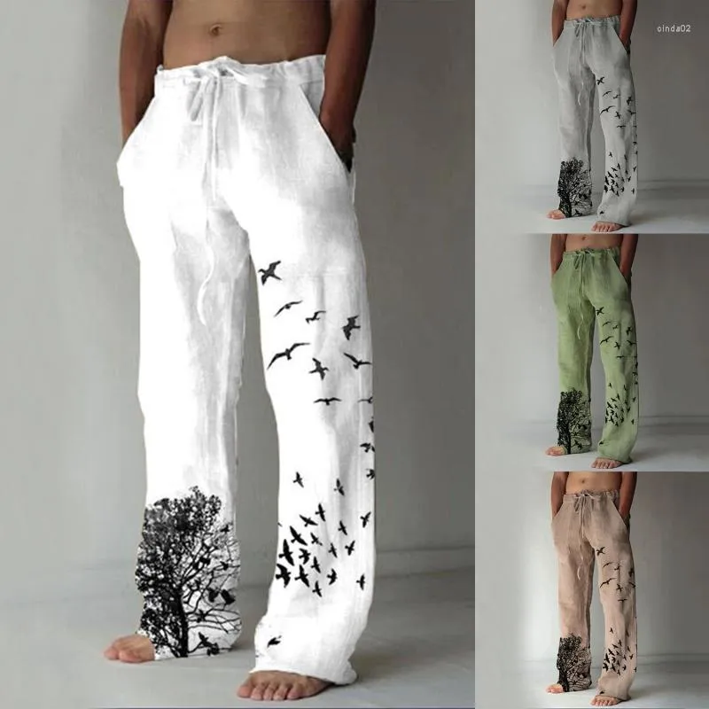 Men's Pants Mens Casual Sweatpants Tree Bird Print Pocket Drawstring Linen Trousers Men Oversized Jogger