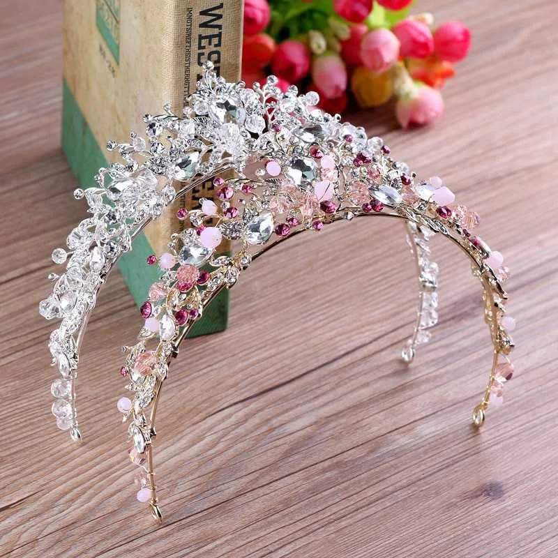 Diadèmes Nouveau blanc rose perles couronnes de mariée à la main diadème mariée bandeau cristal strass diadème reine couronne accessoires de cheveux de mariage Z0220