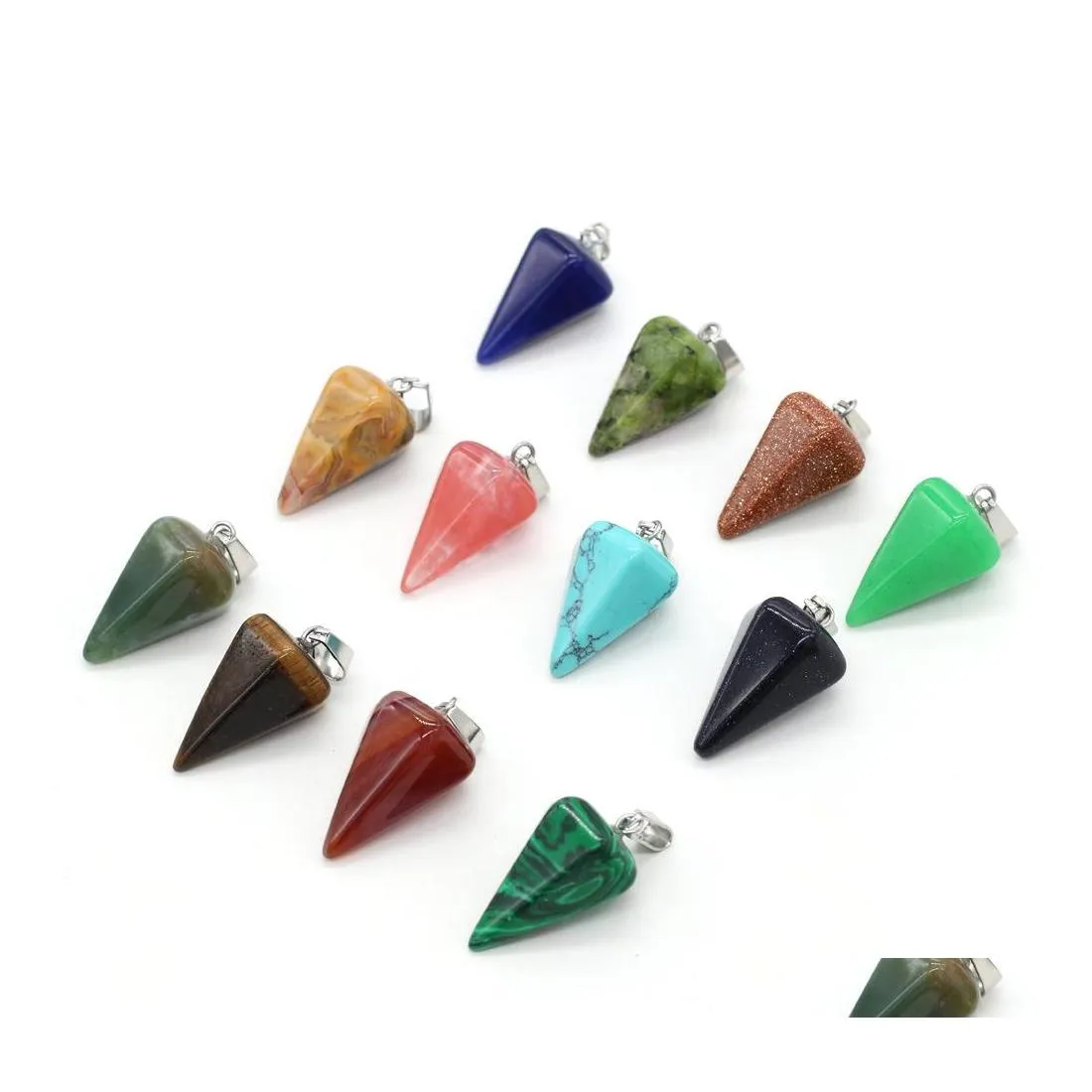 Charms Chakra Naturstein Kegelform Pendel Rosenquarz Lapis Lazi Türkis Opal Anhänger DIY für Halskette Ohrringe Schmuckherstellung Dhdir