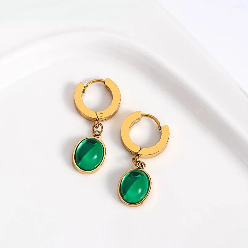 Boucles d'oreilles créoles AENSOA Vintage en acier inoxydable plaqué vert émeraude ovale géométrique pour les femmes de haute qualité 14K couleur or véritable