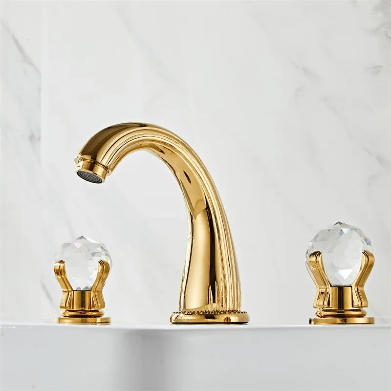 Bathroom Sink Faucets Gold Basin Faucet Cold Black Brass Crystal Handle Widespread 3 Hole Lavotory Tap
