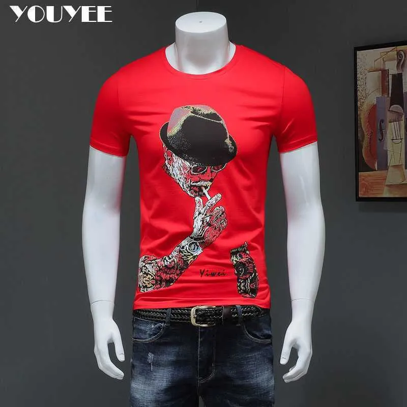 T-shirts pour hommes Mâle T-shirt à manches courtes Impression Coton Slim 2021 Été Nouvelle mode Col rond Streetwear Hip Hop Rouge Vêtements pour hommes Top 4XL Z0221