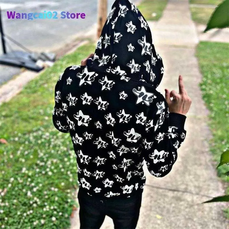 Full Zip Men Y2K Roupas Fashion Goth Star Graphics Com capuz de manga comprida moletom Sweatshirt grande emo Top 022023H 022123H