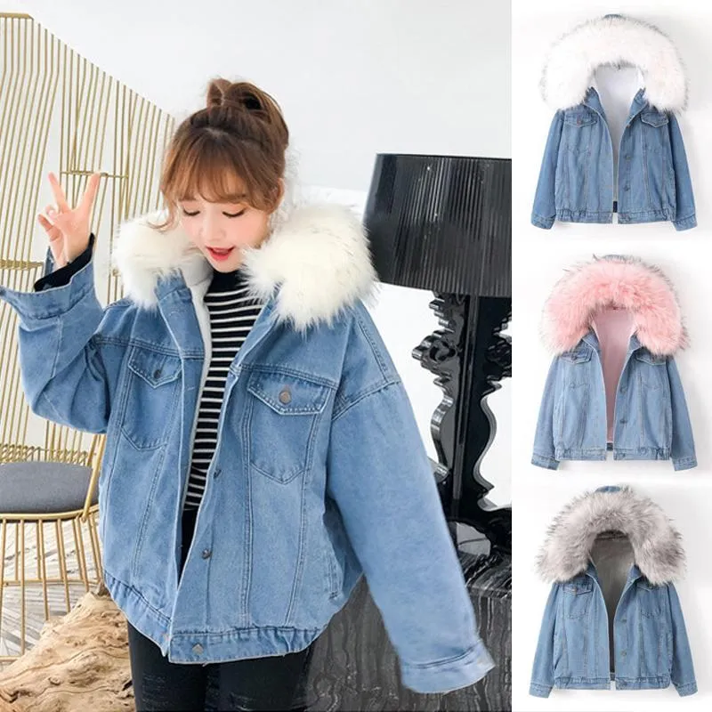 Women's Jackets 2023 Thick Faux Fur Collar Denim Jacket Women Winter Hooded Warm Jean Student Basic Short Parkas Female Bomber Coat